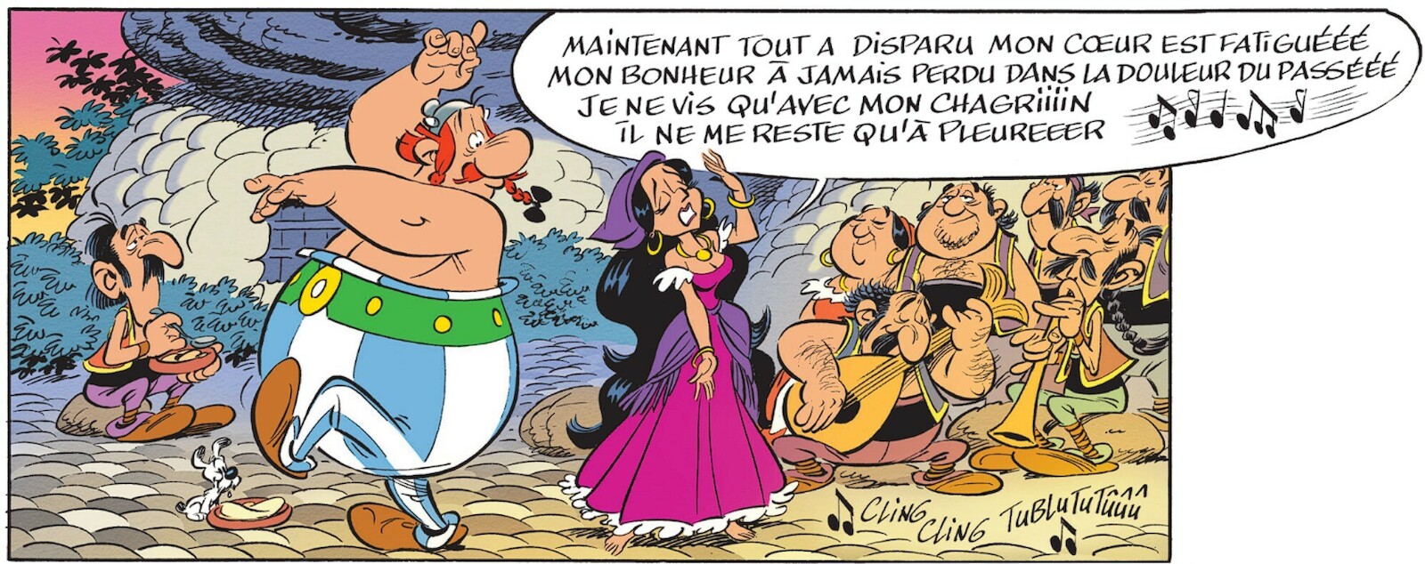 Une chanteuse de fado et ses musiciens entonnent une complainte, Obélix prend la fuite en abandonnant son assiette