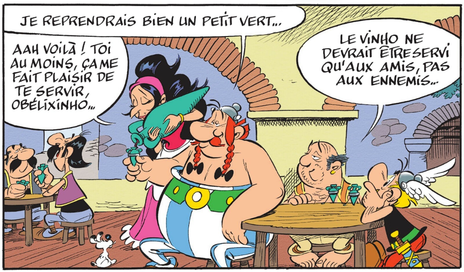 Astérix et Obélix attablés dans une auberge lusitanienne, on leur sert du vinho